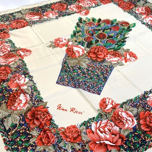 VTG Silk 34" Scarf Nina Ricci Paris Floral Roses‎ Cream Peach Mosaic Head Scarf - Picture 3 of 9